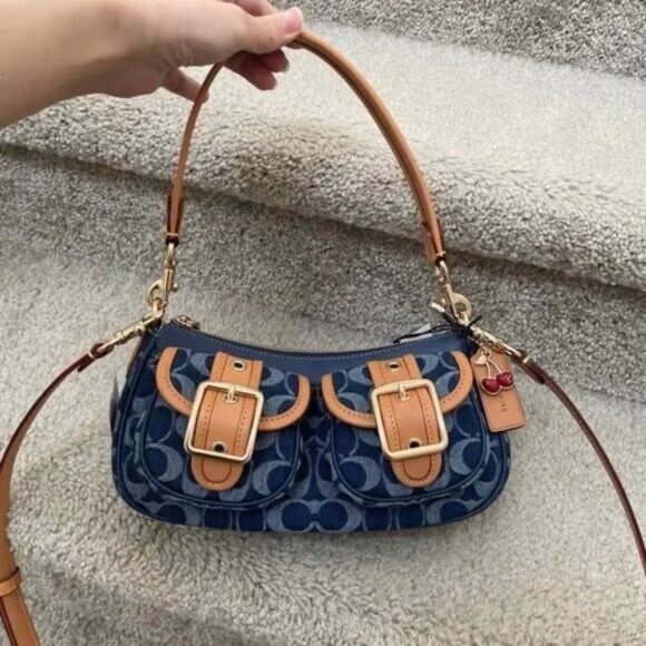 COACH Ashton Baguette Bag In Signature Canvas Denim/Brown CY700 - Picture 1 of 5